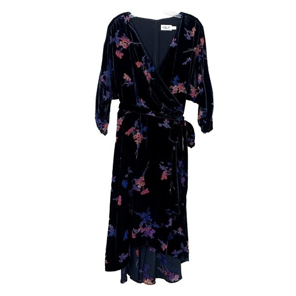 Eliza J Womens 14 Faux Wrap Dress Black Velvet Burnout Dark Floral Hi Low Hem - Picture 1 of 16
